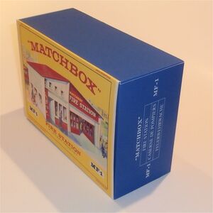 NEW Matchbox Lesney/ MF-1b Fire Station Red Roof empty Repro E style Box 